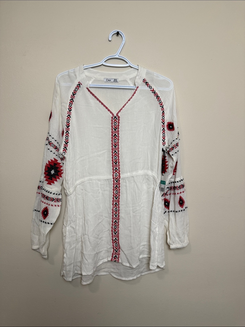 Dex White Tunic with Red & Black Embroidered Geometric Accents size Xs